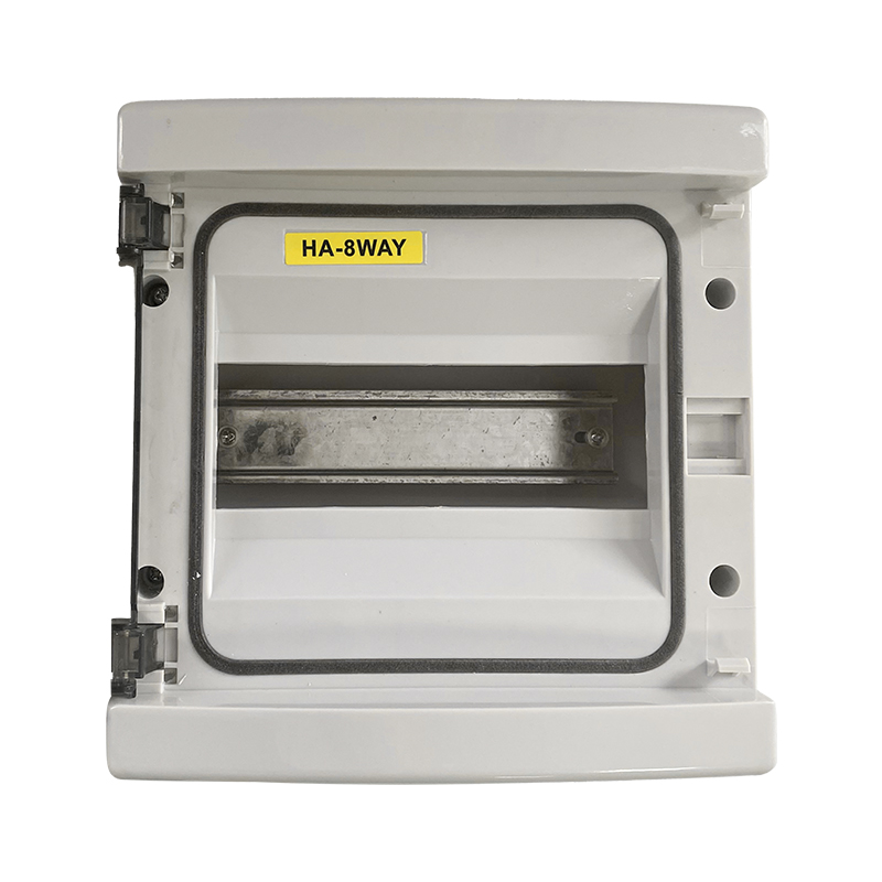 Wall-mounted 8-way electrical distribution box enclosure with clear door and DIN rail