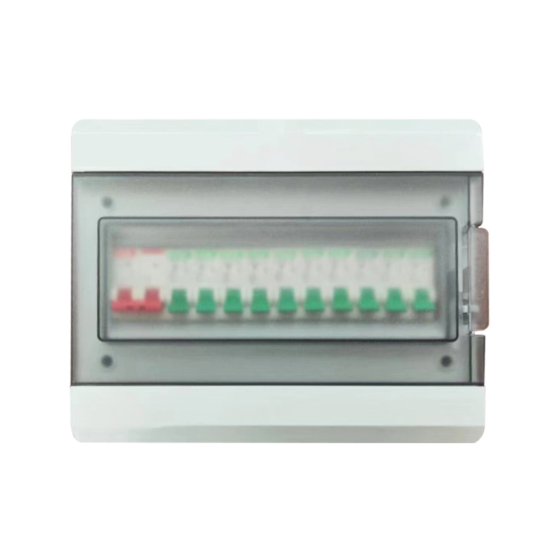 Wall-mounted electrical breaker panel with clear cover and green and red circuit switches