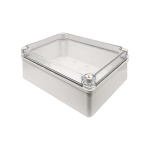 Clear plastic project enclosure with screw-mount corners and transparent lid on white background.