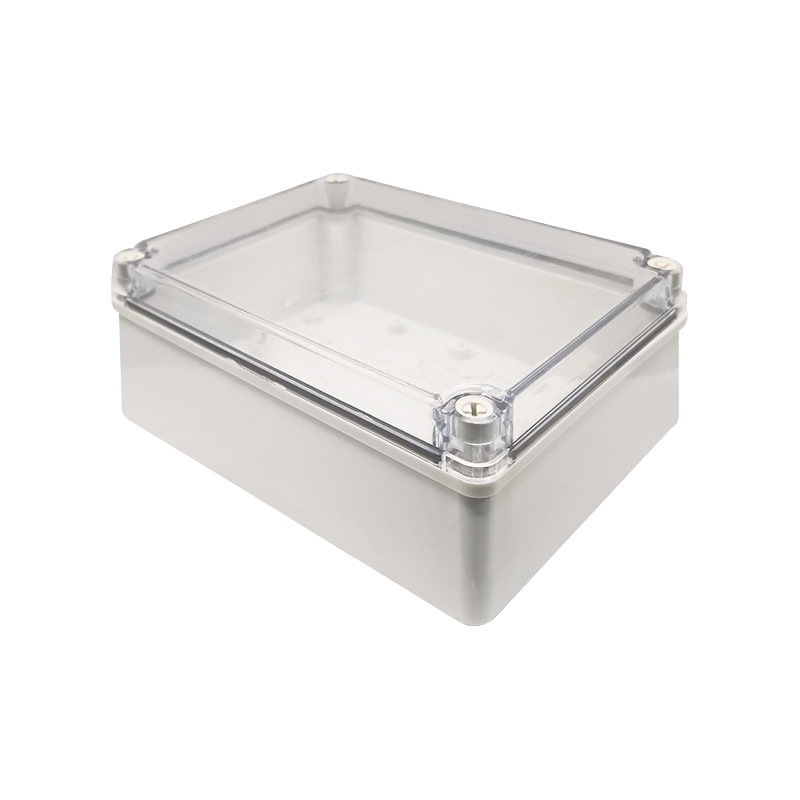 Clear plastic project enclosure with screw-mount corners and transparent lid on white background.