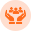 Orange community support icon of hands holding a group of people