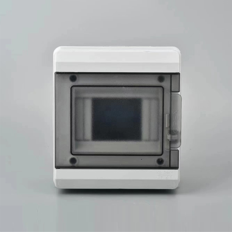 Compact electrical distribution enclosure with clear front cover and gray panel