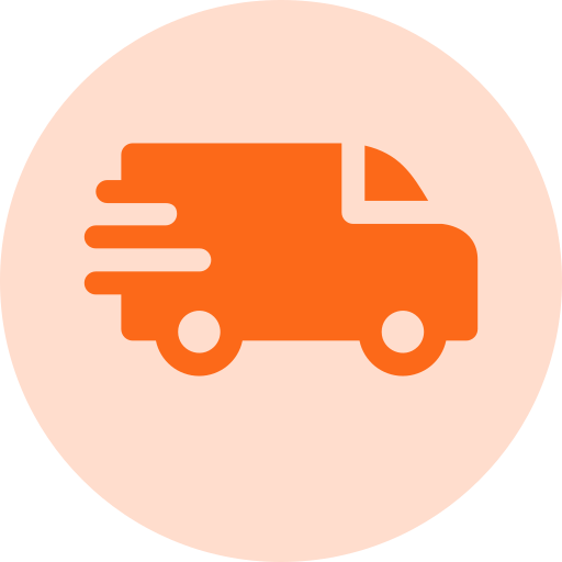 Orange fast delivery truck icon with motion lines on peach background.