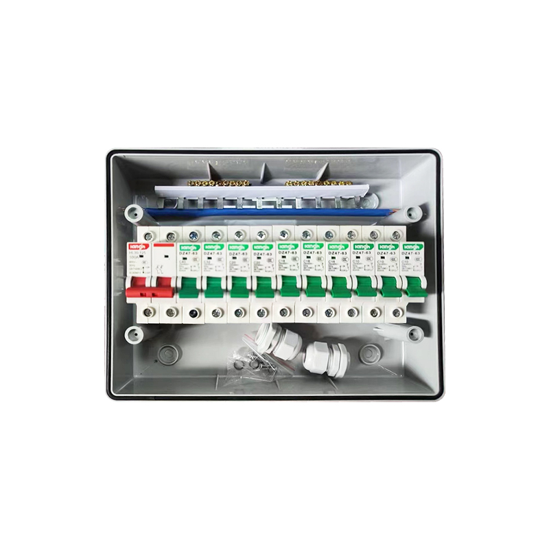 Open electrical distribution panel with DIN rail circuit breakers and wiring terminals.