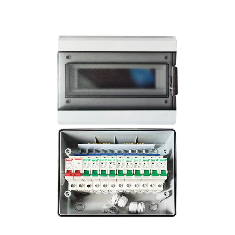 Electrical distribution enclosure box showing closed cover and open DIN-rail circuit breakers
