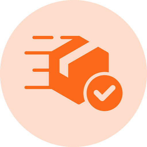 Fast delivery package icon with motion lines and verified checkmark badge