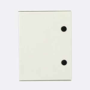 White fiberglass enclosure panel with two black latches on a gray background.