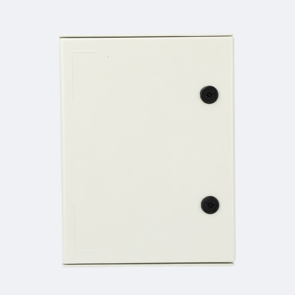 White fiberglass enclosure panel with two black latches on a gray background.