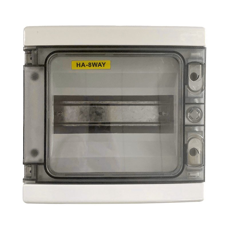 HA-8 way electrical distribution junction box enclosure with clear hinged cover, wall-mounted