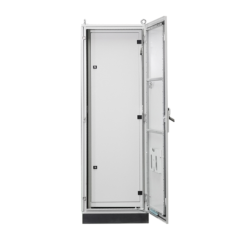 Open industrial electrical control cabinet enclosure with hinged door and empty interior panel