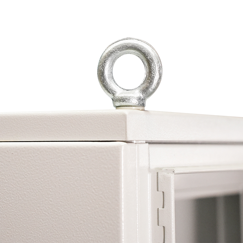 Lifting eye bolt on corner of powder-coated metal electrical enclosure cabinet door hinge