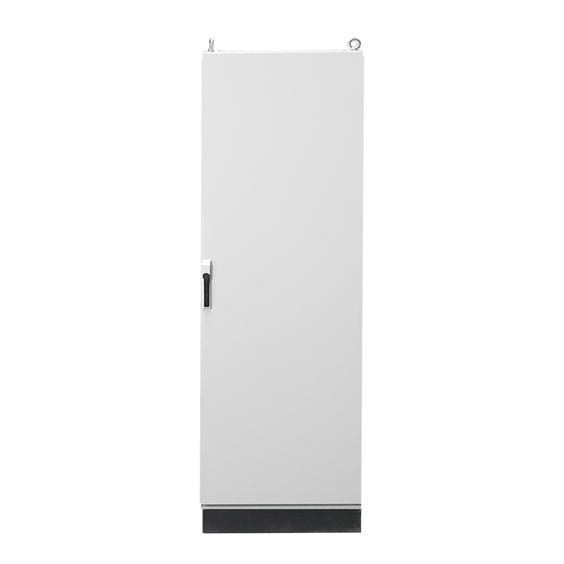 Tall light gray metal storage cabinet with black base and single door handle.
