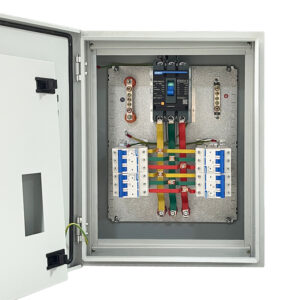 Open three-phase electrical panel with colored busbars, breakers, and organized wiring