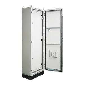 Open gray industrial electrical enclosure cabinet with hinged door and mounting rails