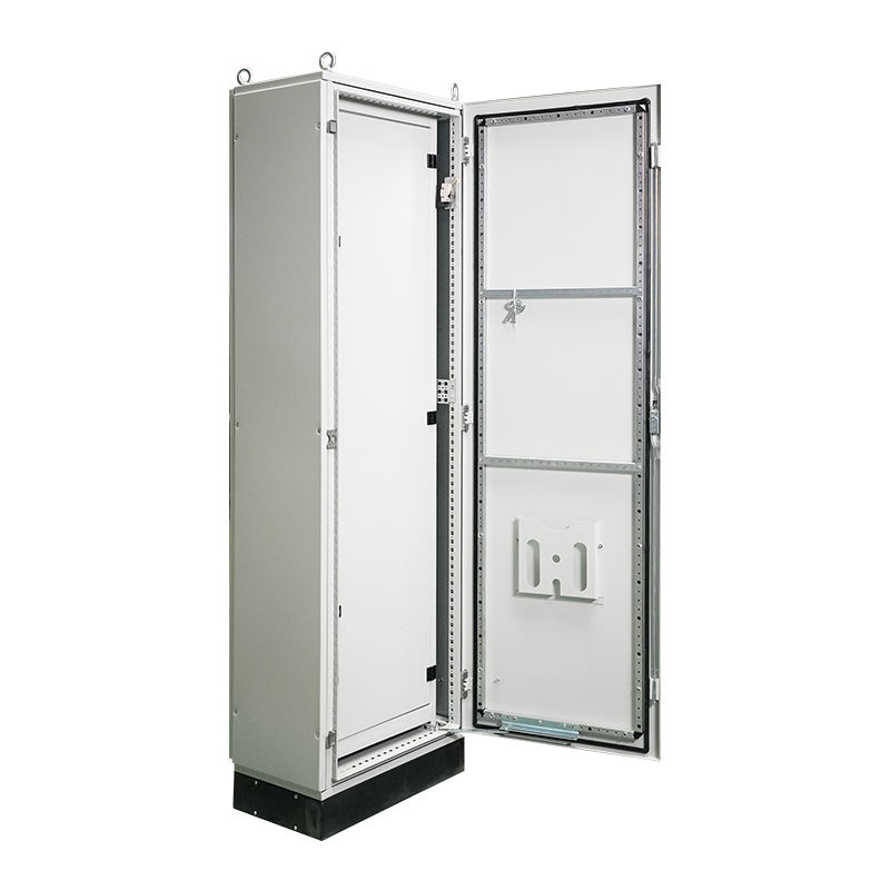 Open metal electrical enclosure cabinet with mounting rails and hinged door