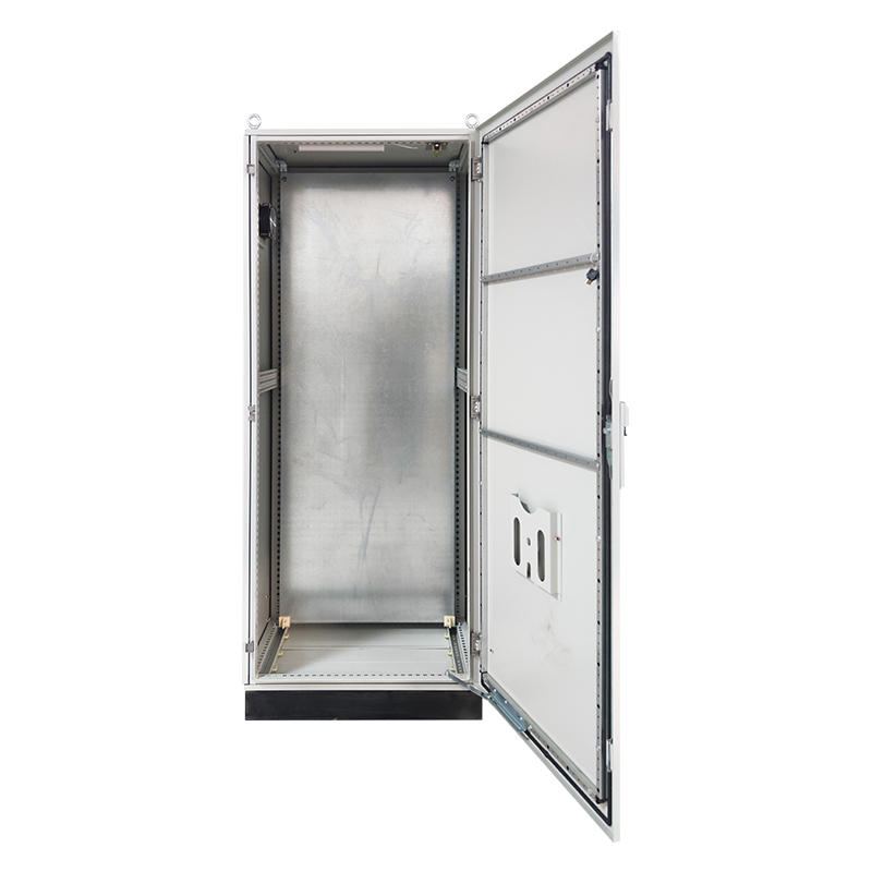 Open metal electrical cabinet enclosure with door ajar, empty interior, industrial equipment housing