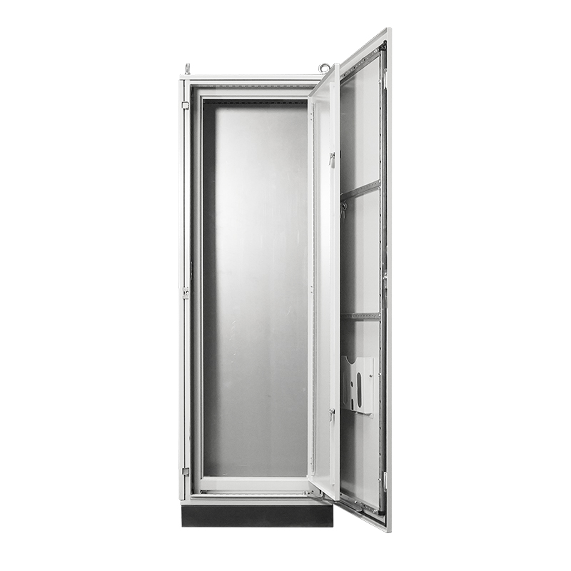 Open metal electrical enclosure cabinet with hinged door, empty interior, on white background.