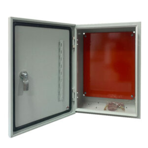 Open wall-mount electrical enclosure cabinet with orange backplate and hardware bag
