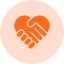 Orange handshake icon symbolizing partnership and cooperation on a gray background.
