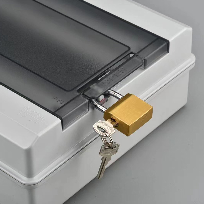 Close-up of padlocked plastic storage case with keys on gray surface.