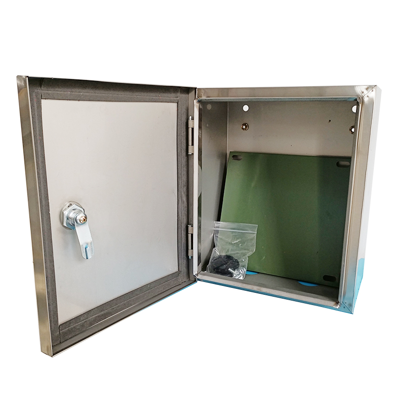 Open stainless steel electrical enclosure box with key lock and mounting plate