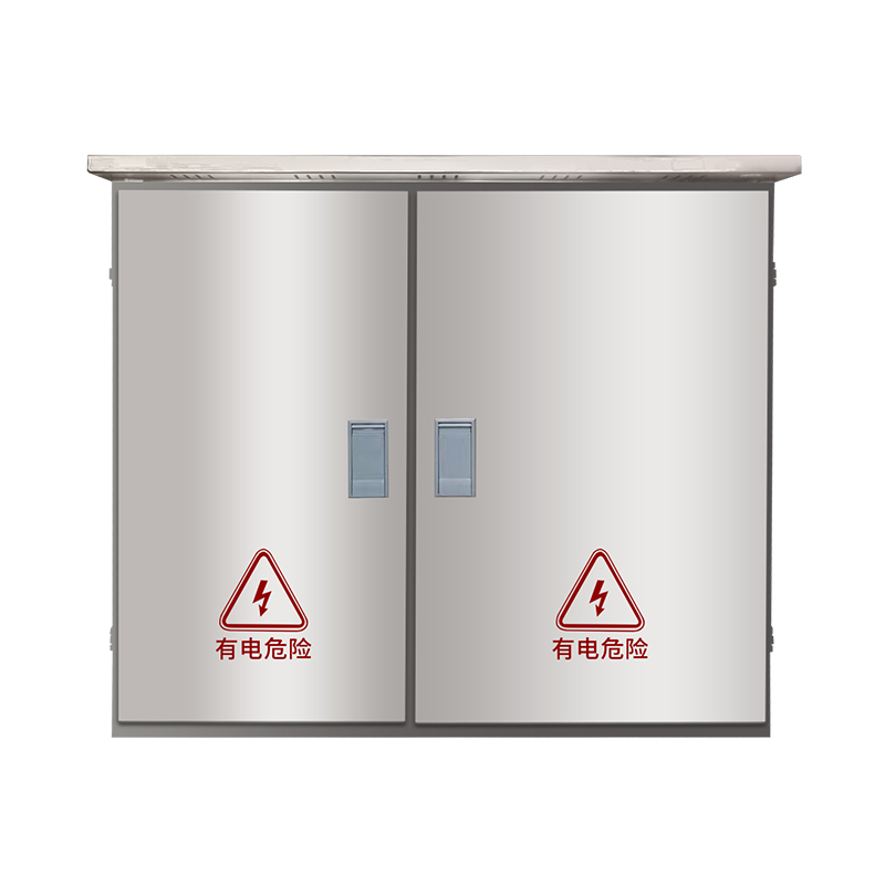 Stainless steel electrical cabinet with double doors and high-voltage warning labels