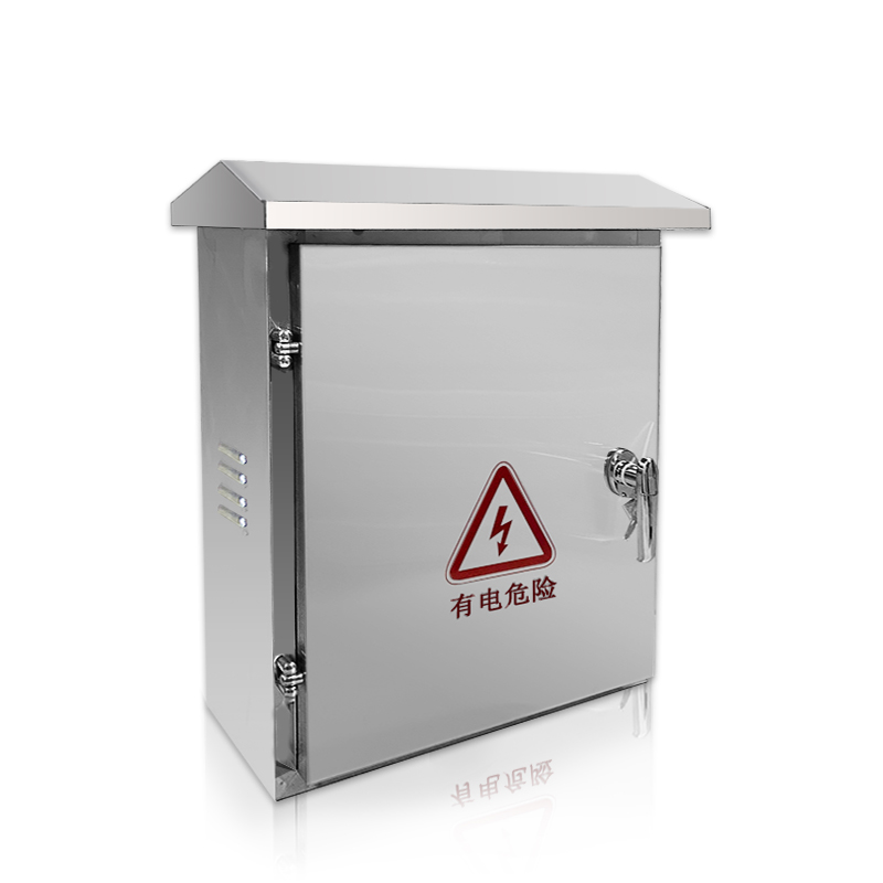 Lockable stainless steel electrical enclosure with sloped roof and high voltage warning sign