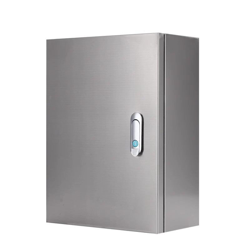 Stainless steel electrical enclosure cabinet with locking handle, three-quarter view on white background