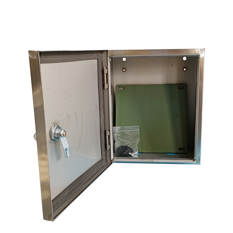Open stainless steel electrical enclosure cabinet with hinged door and mounting hardware inside