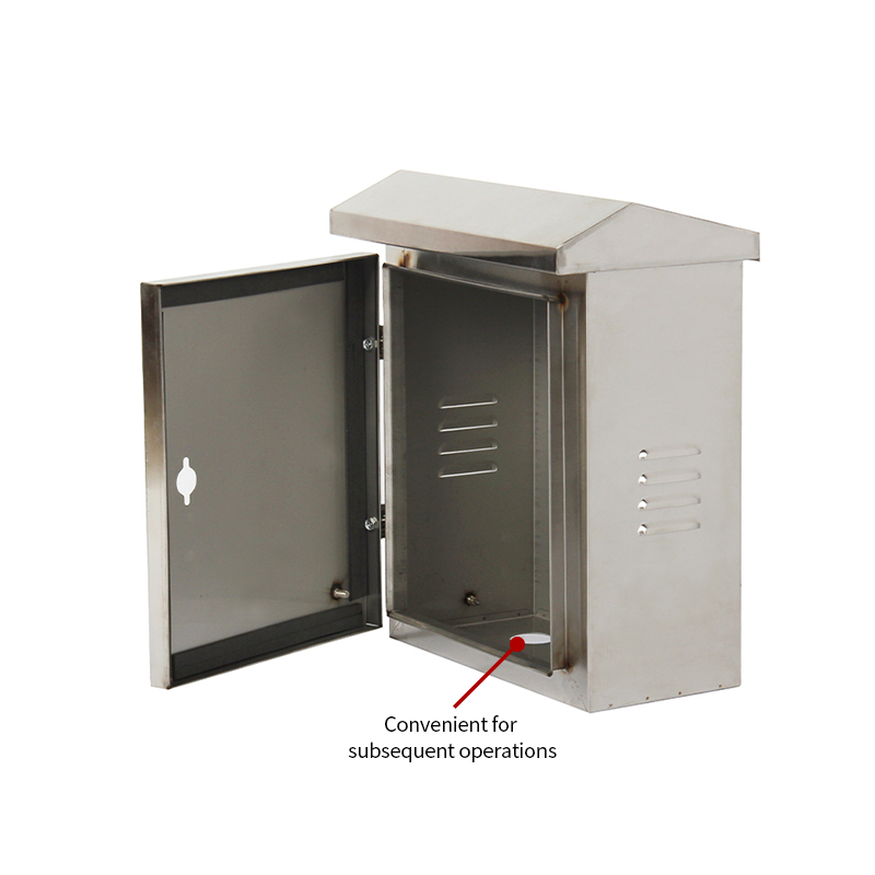 Open stainless steel outdoor electrical enclosure cabinet with ventilated panels and hinged door