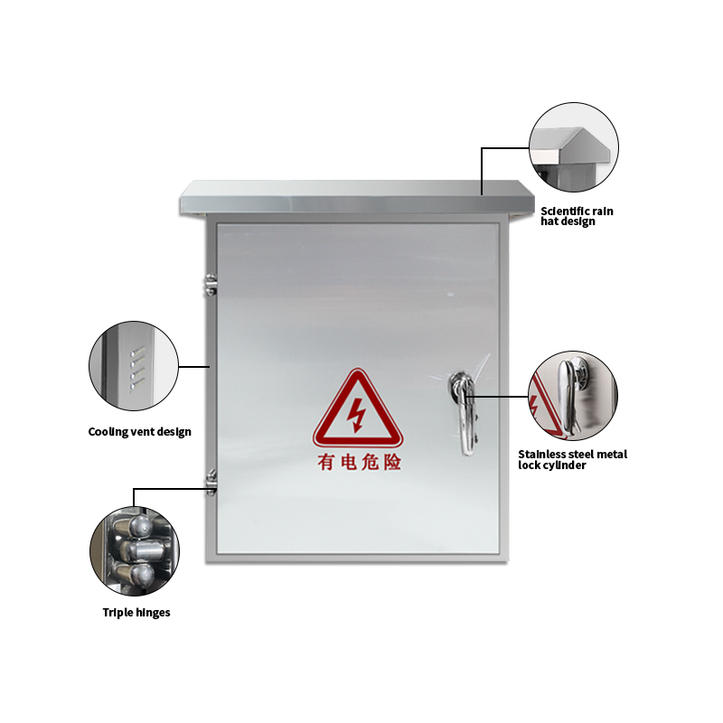 Stainless steel outdoor electrical control cabinet with rain shield, vents, lock, and hinges.