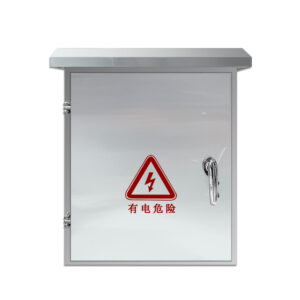 Wall-mounted stainless steel electrical cabinet with high voltage warning label and latch handle.