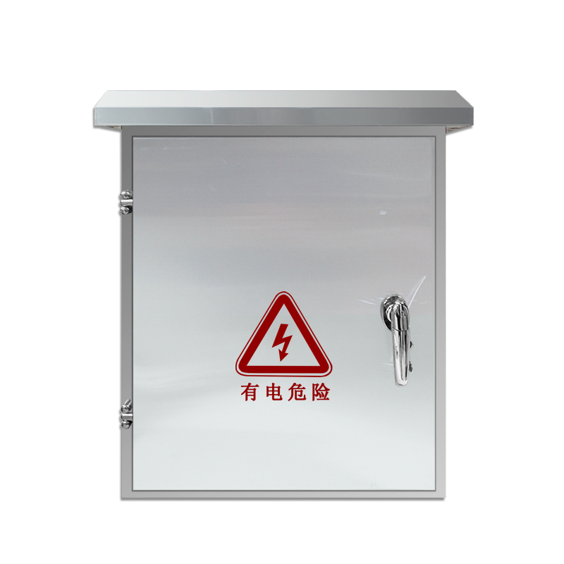 Wall-mounted stainless steel electrical cabinet with high voltage warning label and latch handle.