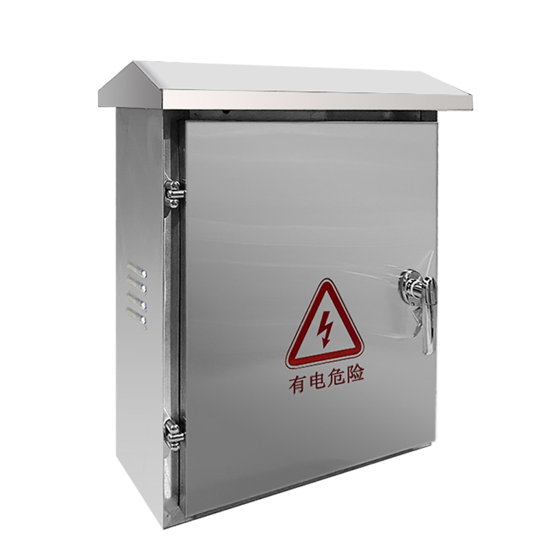 Stainless steel electrical control box with high voltage warning label and hinged door