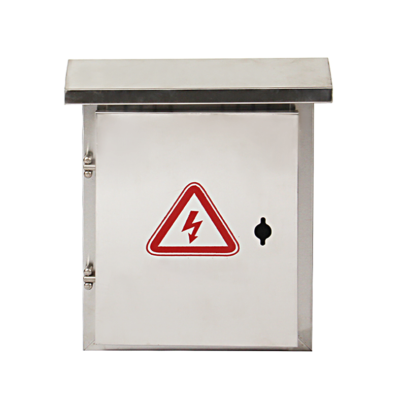 Stainless steel electrical junction box with high voltage warning sign and locking door