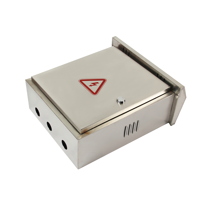 Stainless steel electrical junction box with high voltage warning symbol and ventilation slots
