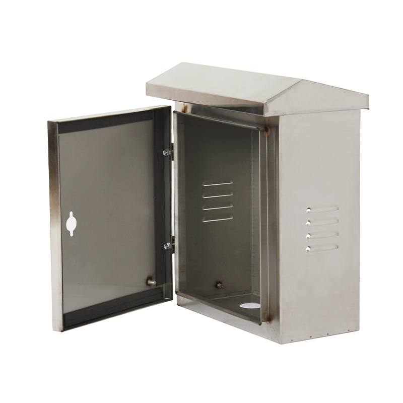Open stainless steel weatherproof utility cabinet with sloped roof and ventilation slots