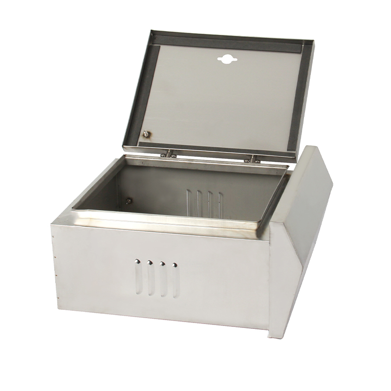 Stainless steel ventilated metal box with open hinged lid and tinted panel cover