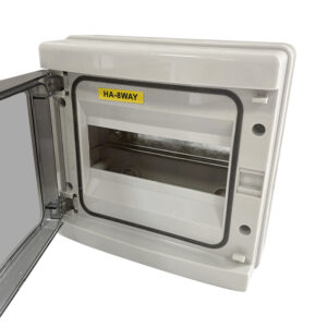 Open 8-way wall-mounted electrical distribution enclosure with clear inspection window and gasket seal.