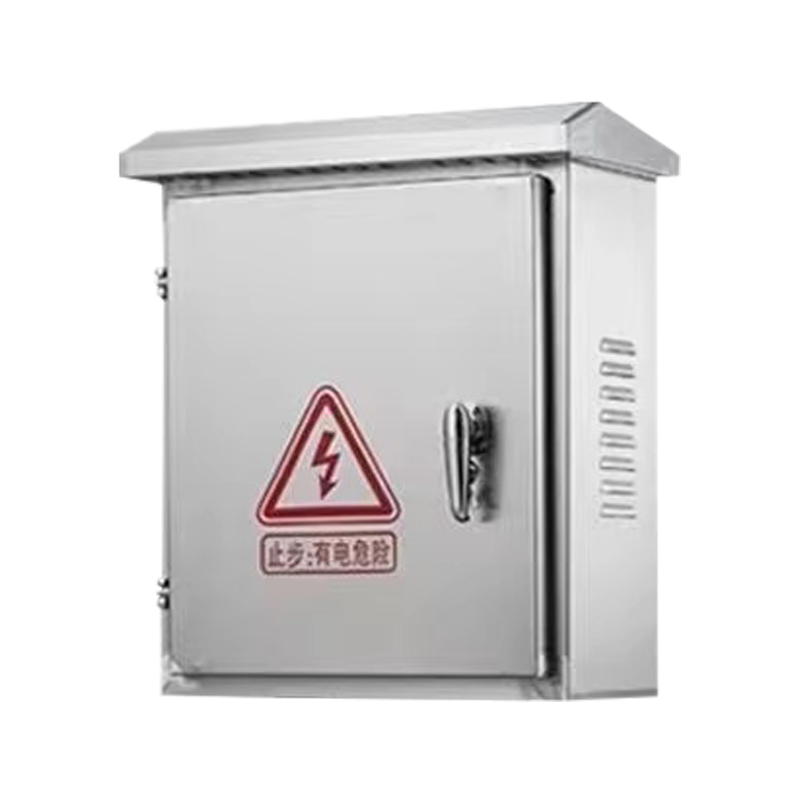 Wall-mounted electrical control box with warning label, latch handle, and side ventilation slots.