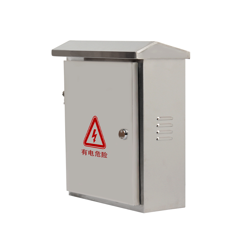 Wall-mounted electrical enclosure with high voltage warning label and vented side panel.