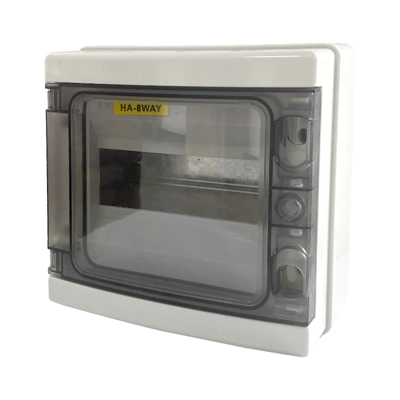 Wall-mounted electrical distribution box with smoked transparent door and latch knob