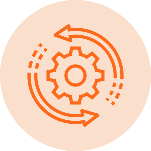 Automation settings gear icon with circular sync arrows on peach background.