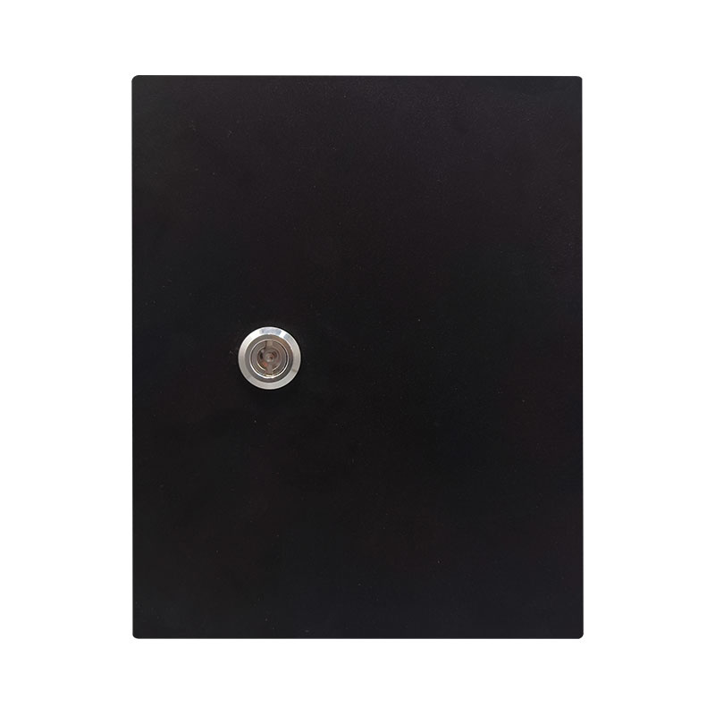 Minimalist black safe door panel with silver lock cylinder on white background.