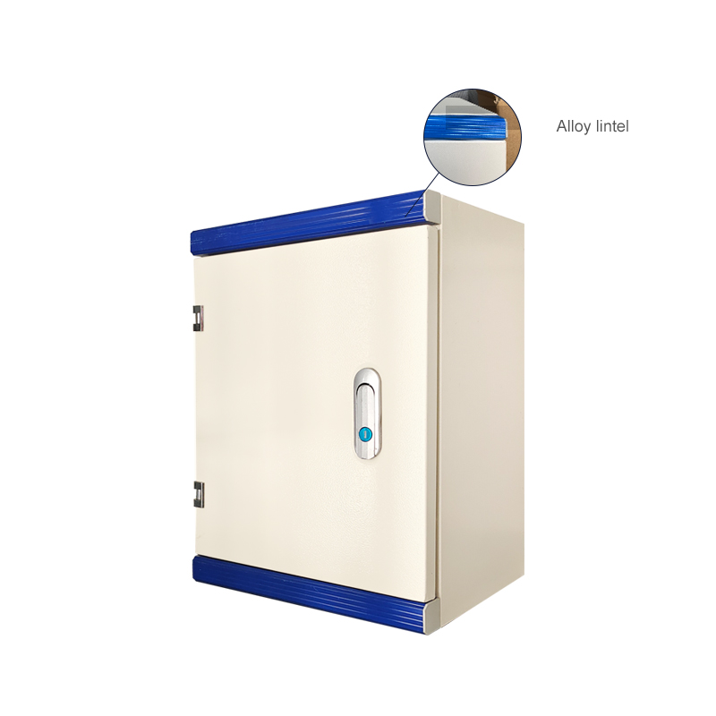 Industrial metal cabinet with blue protective trim and reinforced corner detail inset