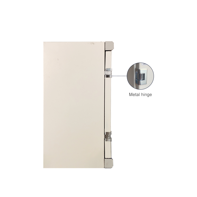 Cream cabinet door panel featuring durable metal hinges, close-up detail view.