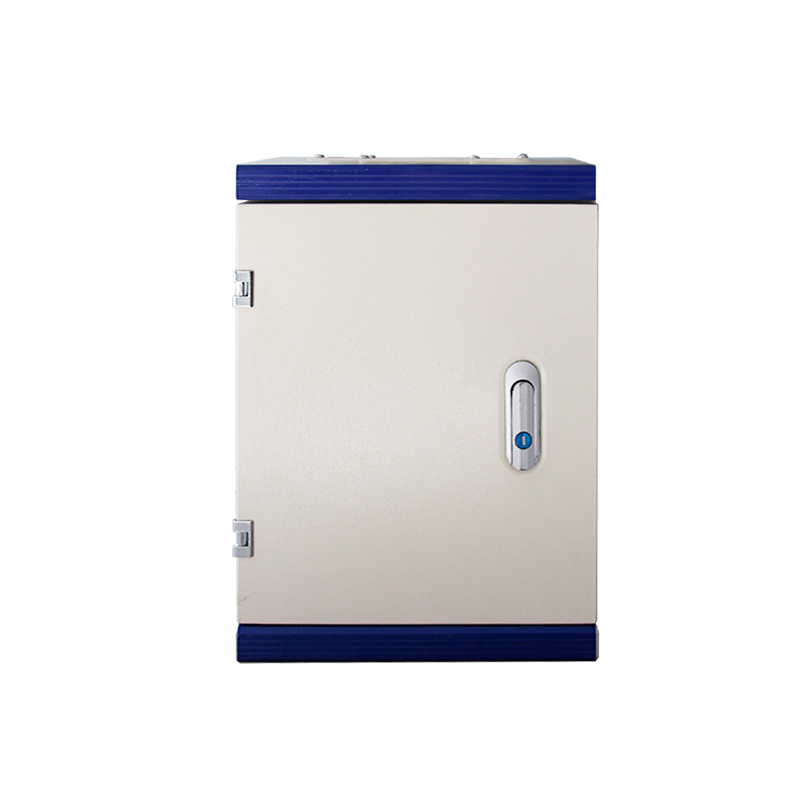 Front view of compact insulated storage cabinet with blue trim and right-side latch.
