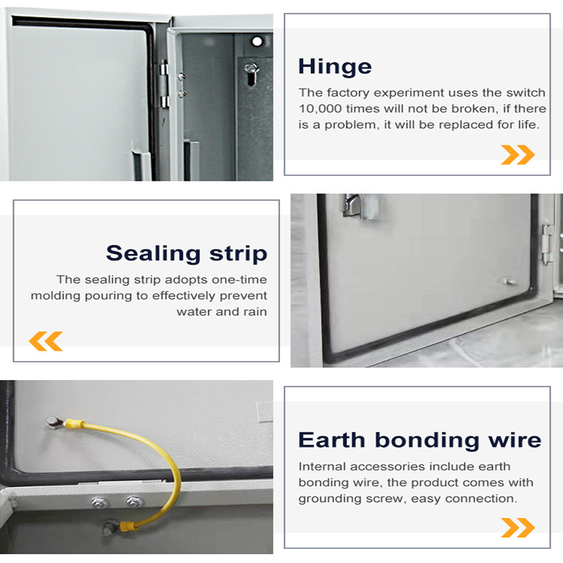 Electrical enclosure door close-ups showing hinge, sealing gasket, and earth bonding grounding wire.