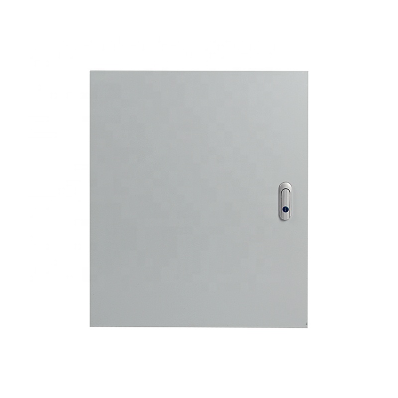 Minimalist gray access panel door with oval latch on white background