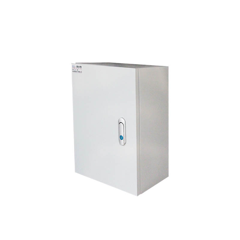 Minimalist gray metal storage cabinet with locking latch, angled product photo on white background.